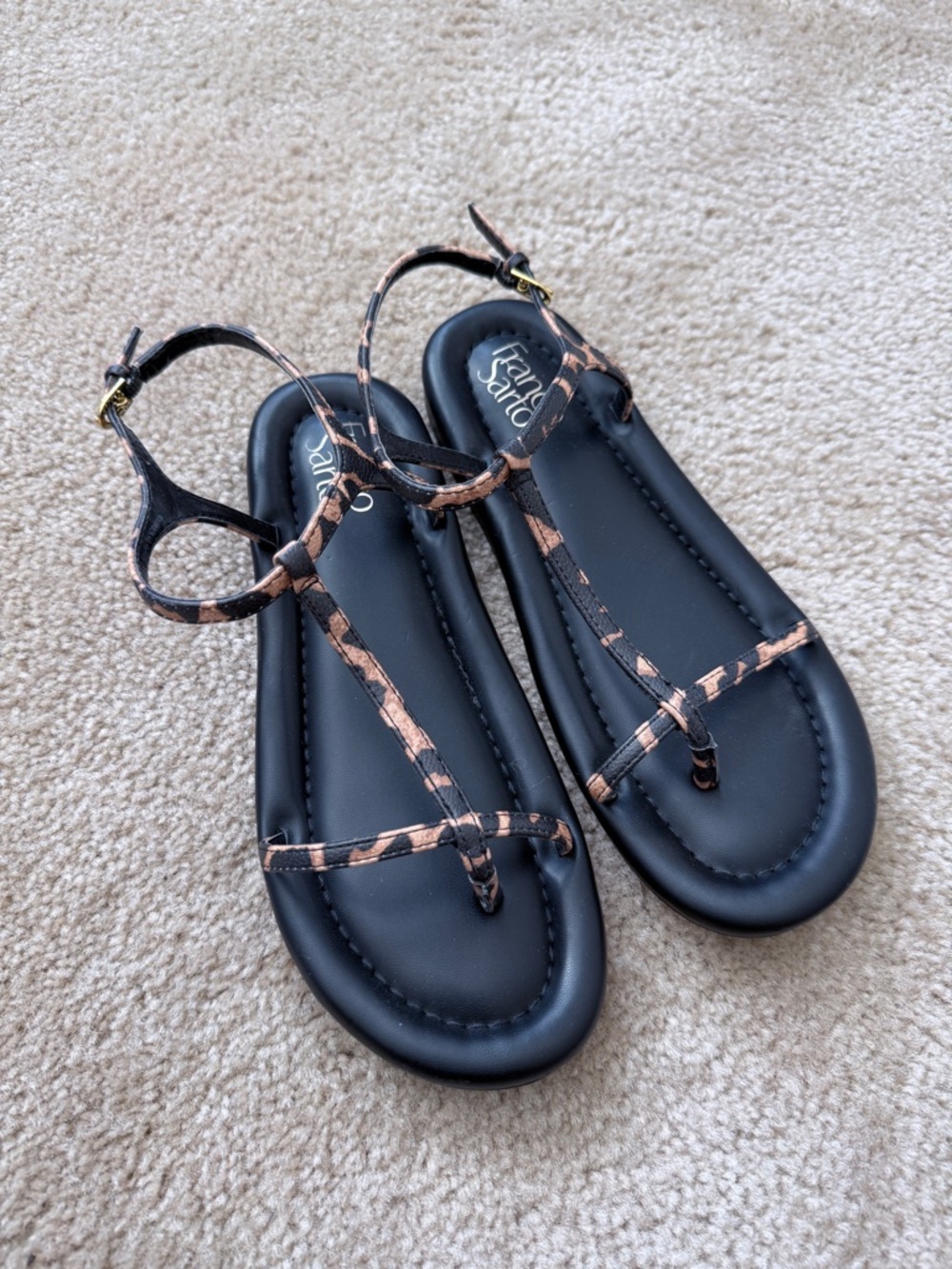 Franco Sarto Black Strappy Sandals | Animal Print Strap | Minimal Chic | Size 8